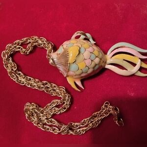 Vintage Enameled Koi Rainbow Fish Pendant Long Statement Necklace 🌈 🐠